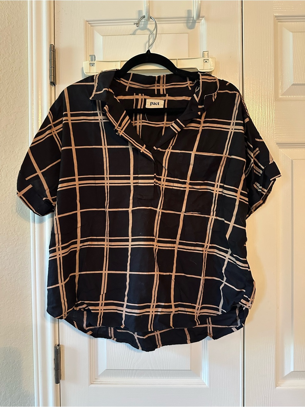 Pact Black Short Sleeve Windowpane Button-Down Shirt